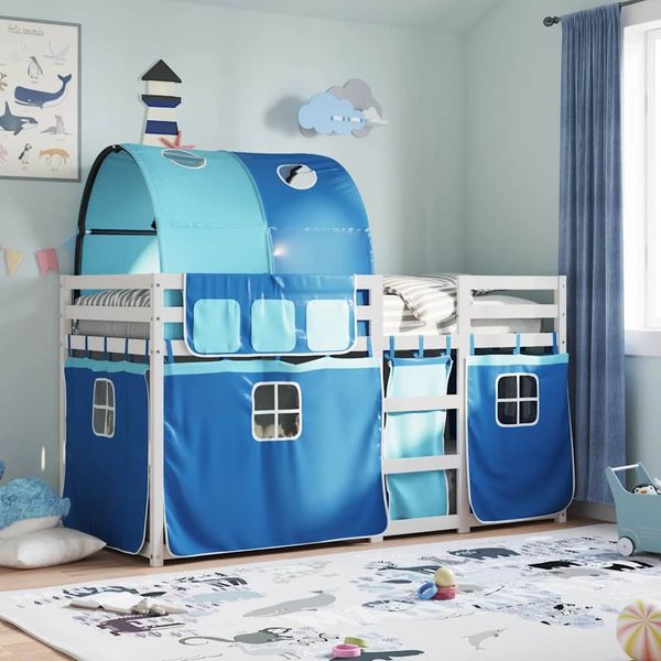 vidaXL Etagenbett mit Vorhängen Blau 90x200 cm Massivholz Kiefer 3283986