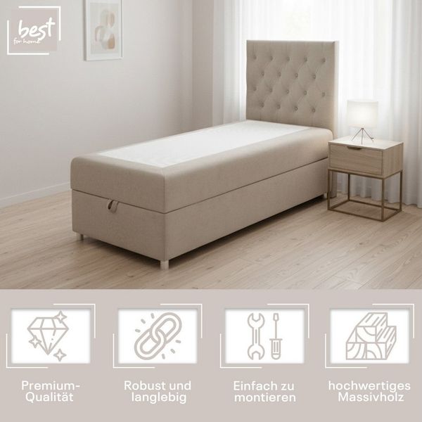 Best for Home Boxspringbett Boxspringbett mit Bettkasten K-14 SINGLE inkl. Bonell-Matratze (Einzelbett, Polsterbett gepolstertes Kopfteil, Jugendbett, Kinderbett, 70x200 80x200 90x200 100x200 cm), Handwerksqualität, TOP Preis-Leistungs-Verhältnis