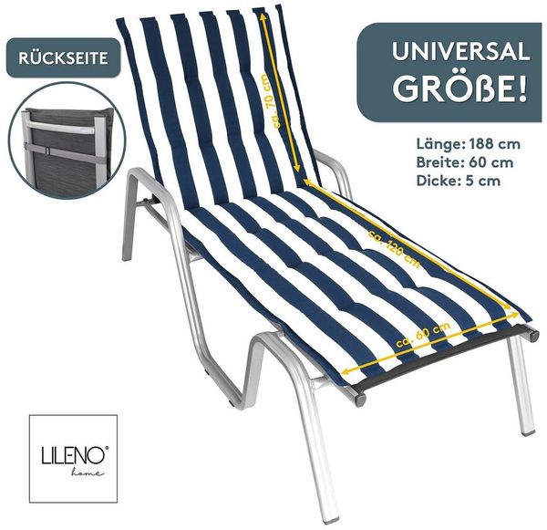 LILENO HOME Liegenauflage perfekt für Strandliege, Sonnenliege Auflage, Gartenliege Auflage, (1er Set), Polster Auflage für Rollliegen Blockstreifen Blau, Sitzpolster