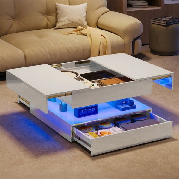 PXloue Couchtisch LED-Couchtisch mit Stauraum und modernem Design (Hochglänzender), Praktischer Tisch mit Schubladen und integrierter Beleuchtung