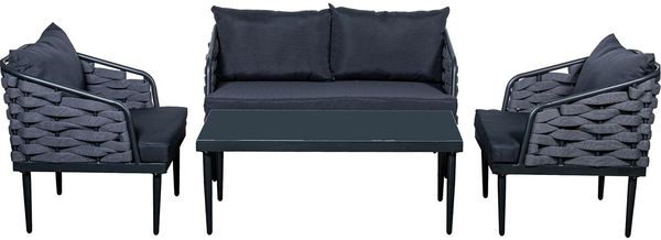 DRW 2-Sitzer-Sofa + 2 Sessel mit Tisch aus Aluminium, Glas und Polyester in Dunkelgrau, 123 x 69 x 72 cm