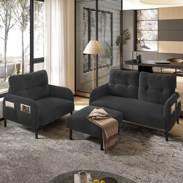 STILVORA Wohnzimmer-Set Cord 3er-Set Loungesofa Sitzgruppe,Hocker&2er-Sofa mit Seitentaschen