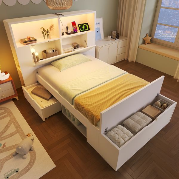 Holzbett 90×200 cm aus Holz mit LED-Beleuchtung und USB-C-Ladeanschlüssen, weiß