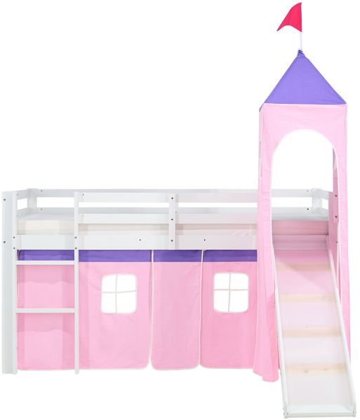 Hochbett mit Lattenrost 90x200 Turm Rutsche Stockbett Kinderbett Holz Kiefer Vorhang rosa Bild 10