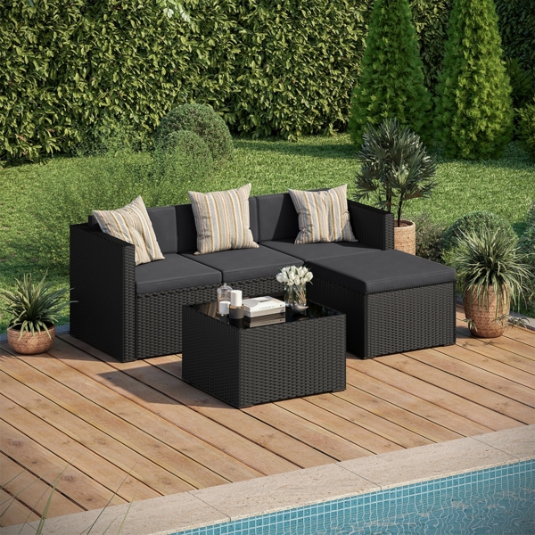 STEELSØN 'Zethora' Polyrattan 3-tlg. Gartenlounge, Sitzgruppe aus Sofa, Hocker und Tisch, schwarz/anthrazit, wetterfest, für 4 Personen