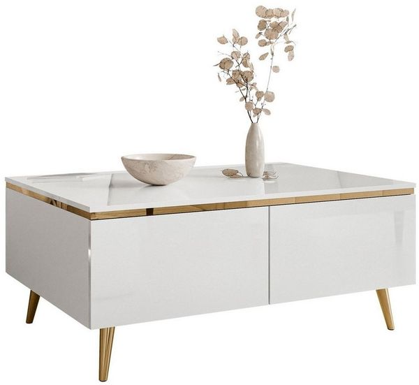 ALLHOUSE24 Couchtisch PEONY weiß Hochglanz Goldchrom Beine mit Stauraum Sofatisch BERLIN (1 Couchtisch), Breite 90 cm