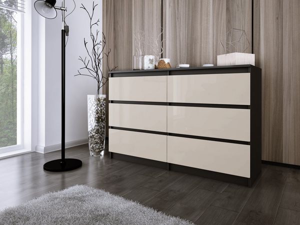 Kommode ZOE mit 6 Schubladen – modern & geräumig Schwarz, Beige Hochglanz