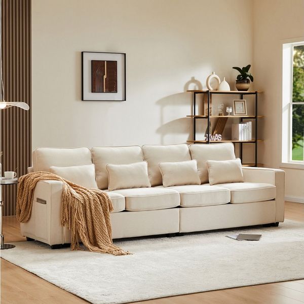 Merax 4-Sitzer mit Seitentaschen und Zierkissen, XXL-Sofa mit Leinenbezug,Chaiselounge,Polstermöbel