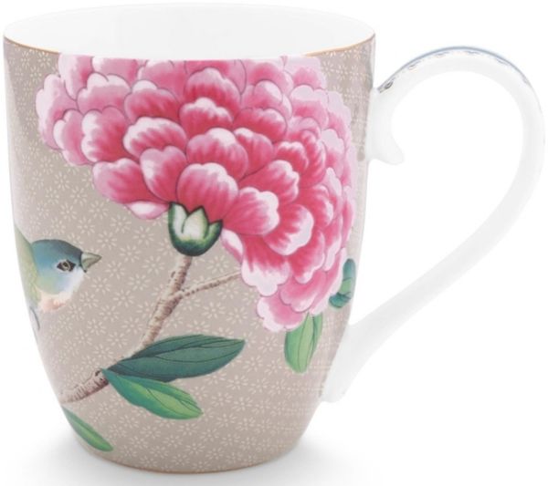 PiP Studio Becher Blushing Birds Henkelbecher XL khaki 0,45 l, Porzellan, Mug XL Blushing Birds Khaki 450ml