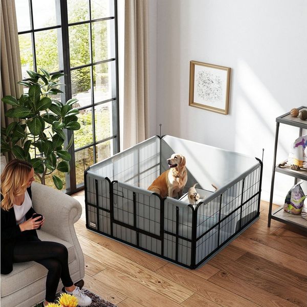 PawHut Laufgitter Wurfbox mit waschbarer Wurfunterlage, winddichtem Oxford-Gewebe, Tür (Wurfkiste für Welpen, 1-tlg), für mittelgroße große Hunde, 122 x 122 x 60 cm Schwarz