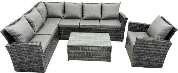 Fimous Hoher Rücken Rattan Ecksofa Set Länger Couchtisch Gartenmöbel Dunkelgrau Linke Option mit Extra Sessel