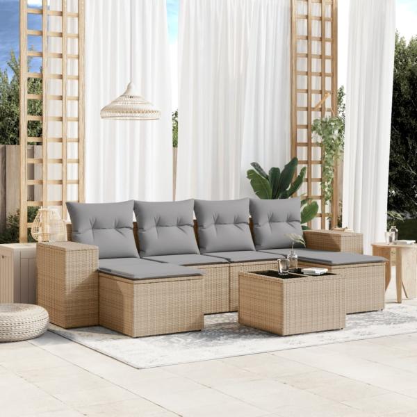 vidaXL 7-tlg. Garten-Sofagarnitur mit Kissen Beige Poly Rattan 3222928