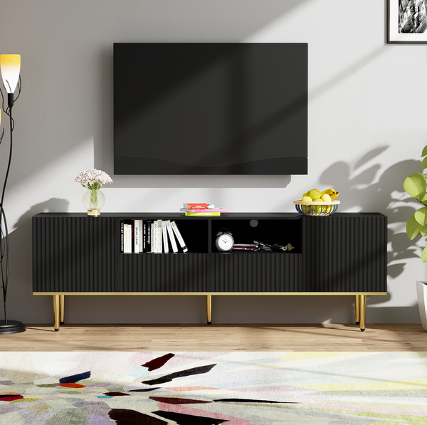 Eleganter TV-Schrank 165 × 36 × 55 cm aus Holz in Schwarz mit goldenen Akzenten, 165x36x55cm