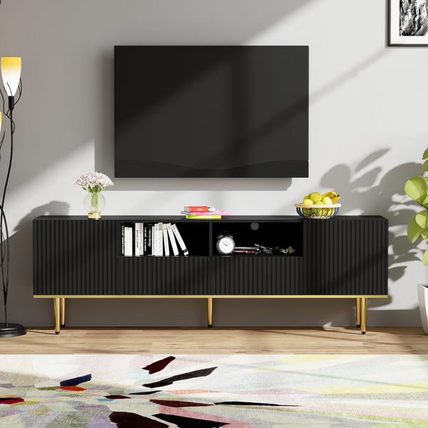 Eleganter TV-Schrank 165 × 36 × 55 cm aus Holz in Schwarz mit goldenen Akzenten, 165x36x55cm