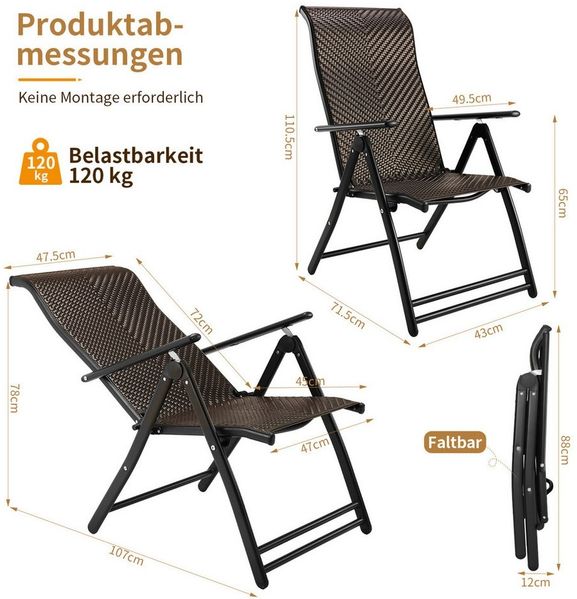 TLGREEN Gartenstuhl Rattan Klappstuhl mit 7-fach verstellbarer Rückenlehne (Wetterfester Metallrahmen Gartenstuhl für Balkon Terrasse Camping), 120 kg Tragfähigkeit, ohne Montage