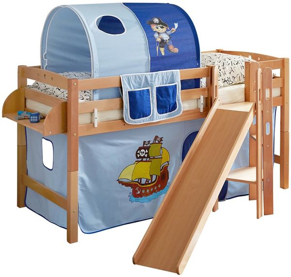 Hochbett mit Rutsche "Tino" 90x200 Buche massiv Natur