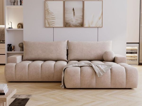 GRAINGOLD Ecksofa Havi, Sofa L-Form mit Bettkasten, gesteppte Sitzfläche, Schlaffunktion, Velour-Stoff, Beige, Rechts