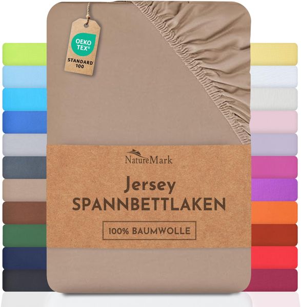NatureMark Jersey Spannbettlaken, Spannbetttuch 100% Baumwolle in vielen Größen und Farben MARKENQUALITÄT ÖKOTEX Standard 100 | 90x200 cm - 100x200 cm - Sand/beige