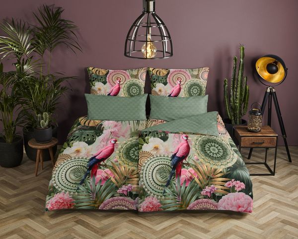 hip Wendebettwäsche Palay, Mako-Satin, Renforcé, Satin, 3 teilig, Satin, Reißverschluss, Wendeoptik, Mandala, Blätter, grün