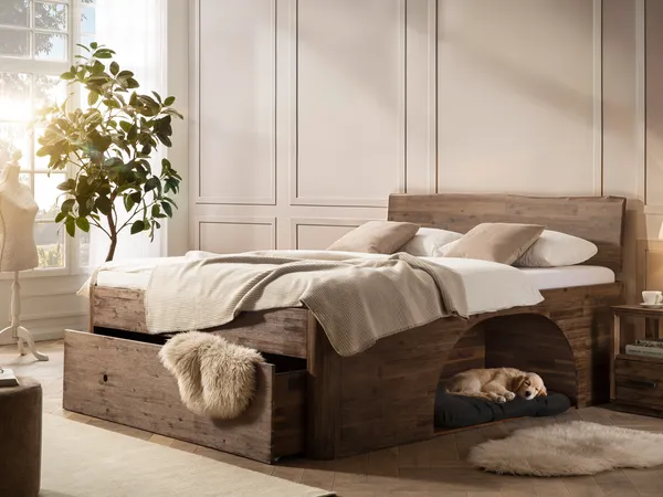 Großes Stauraumbett 180x200 aus Akazienholz für Haustiere und Familie – massivum