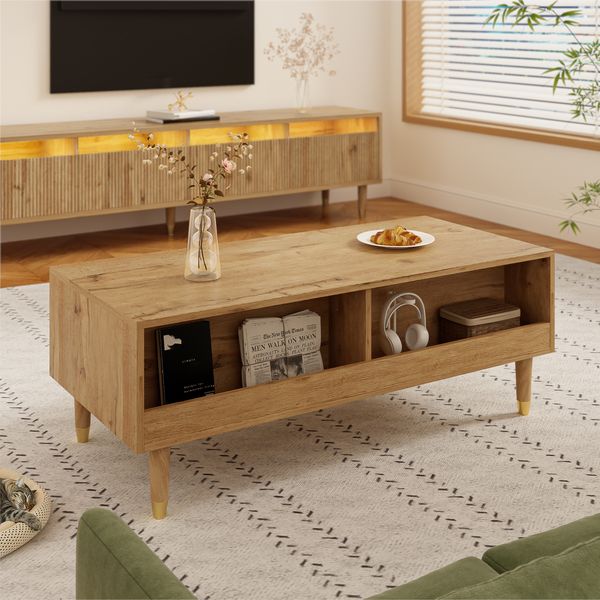 LED-Couchtisch 110×50×40 cm mit 2 großen Acryl-Schubladen, gewellter 3D-Struktur, 7-Farb LED-Beleuchtung,Holzfarbe