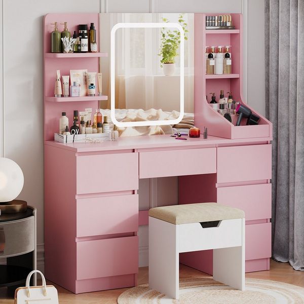 HOMALL Schminktisch Schminktisch Spiegel und LED Mit 7 Schubladen 8 Ablagefächern ostern (GroBe: 110 40*139 cm Einstellbare drei Farbtemperaturen, um thr perfektes Make-up zu prasentieren ostern geschenke)