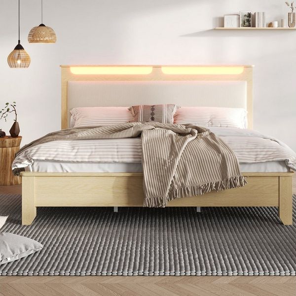 autolock Holzbett Bettgestell Doppelbett Bettrahmen mit Cordpolster-Rückenlehne (180 × 200 cm), Bettgestell Kopfteil mit Stauraum
