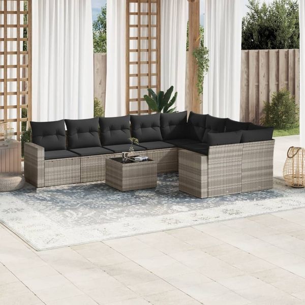 vidaXL 10-tlg. Garten-Sofagarnitur mit Kissen Hellgrau Poly Rattan 3219442
