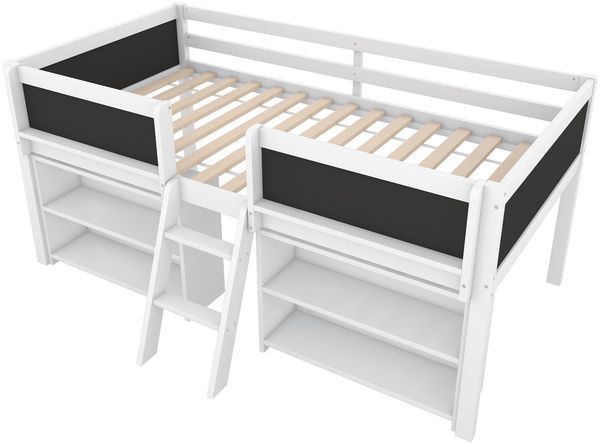 Halbhohes Bett, 90*200cm, Mehrere Einlegeböden zur Aufbewahrung, Geländer, Leiter, Kiefernholz, Ohne Matratze, Minimalistischer Stil, Weiß Bild 10