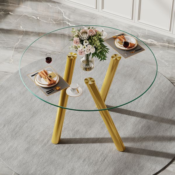 89 cm, runder Esstisch aus gehärtetem Glas mit robusten goldenen Metallbeinen