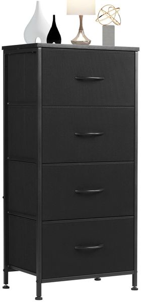 Sweetcrispy Kommode mit 4 Schubladen, Stoff Schubladenschrank, Schmal Schrank, Kommode Schlafzimmer, Industrial Stil für Wohnzimmer Kinderzimmer Flur, Aufbewahrungsschrank, Schwarz