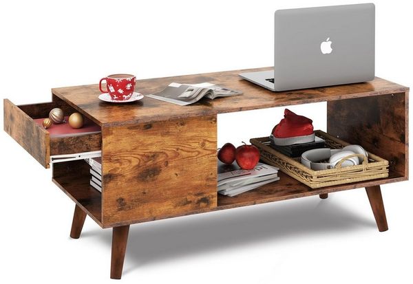 WLIVE Couchtisch mit Stauraum, Wohnzimmer Tisch Holzoptik mit Schublade & Ablage (rechteckiger Sofatisch im Retro Mid-Century Stil, 1 Tisch), stabil & wasserabweisend, 100×47×43 cm