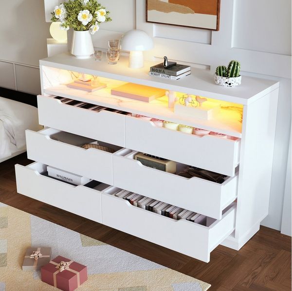 Flieks Kommode mit 6 Schubladen und LED-Beleuchtung (1 St, B120/T40/H85 cm, Staufach mit Marmorkorn), Sideboard Schrank für Wohnzimmer und Schlafzimmer Weiß