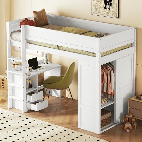 Hochbett mit Lattenrost, Rausfallschutz, Schreibtisch und Kleiderschrank, 90x200 cm, Kinderbett