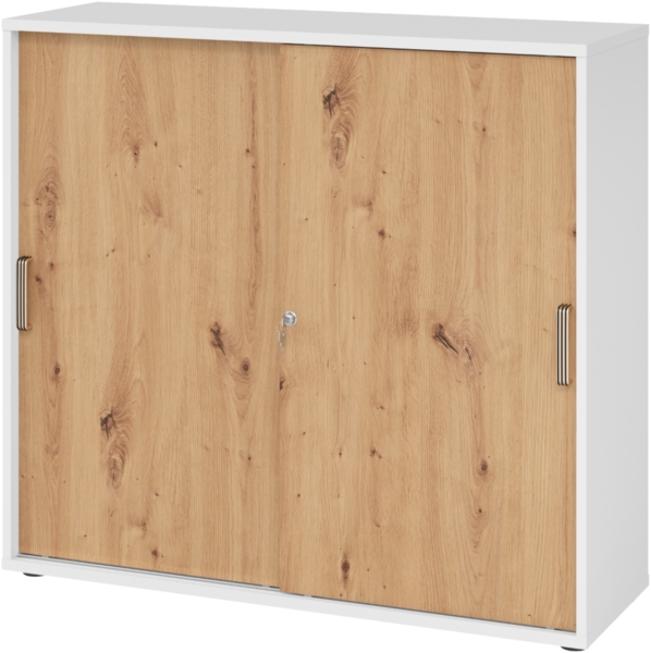 bümö Schiebetürenschrank 3OH - Aktenschrank abschließbar, Sideboard Schrank mit Schiebetüren in Weiß/Asteiche, Streifengriff - Büroschrank aus Holz mit Schiebetür, Büro Kommode für Ordner & Co, 1753S-W-R-SG Bild 1
