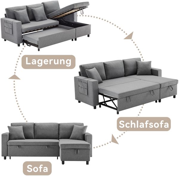 Schlafsofa mit Chaiselongue umwandelbar Bettsofa mit Stauraum Leinenstoff 3-Sitzer Sofa mit Kissen Wohnzimmer,Dunkelgrau Bild 9