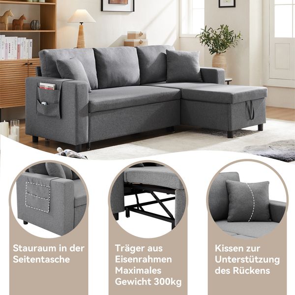 Schlafsofa mit Chaiselongue umwandelbar Bettsofa mit Stauraum Leinenstoff 3-Sitzer Sofa mit Kissen Wohnzimmer,Dunkelgrau Bild 7