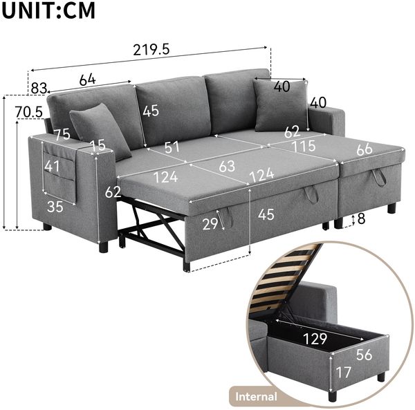 Schlafsofa mit Chaiselongue umwandelbar Bettsofa mit Stauraum Leinenstoff 3-Sitzer Sofa mit Kissen Wohnzimmer,Dunkelgrau Bild 10