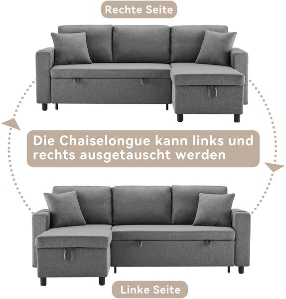 Schlafsofa mit Chaiselongue umwandelbar Bettsofa mit Stauraum Leinenstoff 3-Sitzer Sofa mit Kissen Wohnzimmer,Dunkelgrau Bild 8