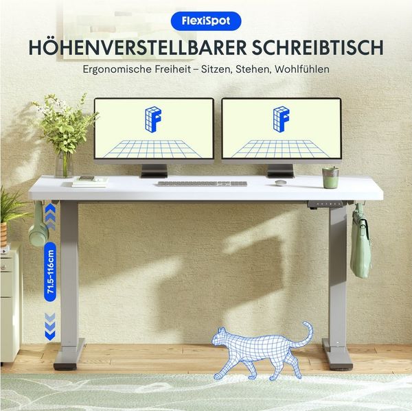 FLEXISPOT Schreibtisch Basic-Series Elektrisch höhenverstellbarer Schreibtisch (Anti-Kollisions-system, 2- Fach-Teleskop, mit Haken, LED-Display), MAX. Load: 80kg, 100/110/120/140/160, MIT einteilige Tischplatte