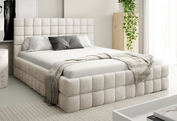 MEBLINI Polsterbett 180x200 mit Lattenrost mit Matratze – ANDREA – Creme Boucle – Doppelbett mit Bettkasten - Stauraumbett - Kopfteil Bett mit Stauraum