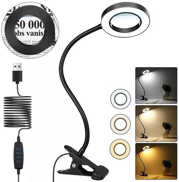 PRIISF Klemmleuchte LED Lupenleuchte Klemmbar Arbeitsplatzlampe Lupe mit Licht und Ständer, Touch-Dimmbar, 5X Dioptrien Lupenleuchte Buchlampe Lupenlampe Ringlicht 360° Flexibel, Schwanenhals Lampe 3 Einstellbare Farben und 10 Helligkeitsstufen, für Di...