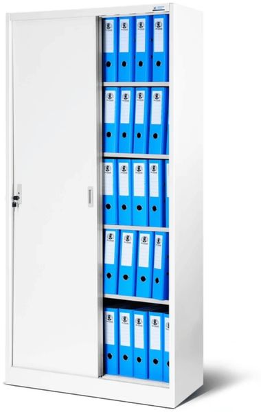 Aktenschrank abschließbar KUBA - Schiebetüren, 5 Ebenen | Büroschrank aus Stahl Metallschrank Werkstatt Mehrzweckschrank Werkzeugschrank, 185x90x40cm Weiß
