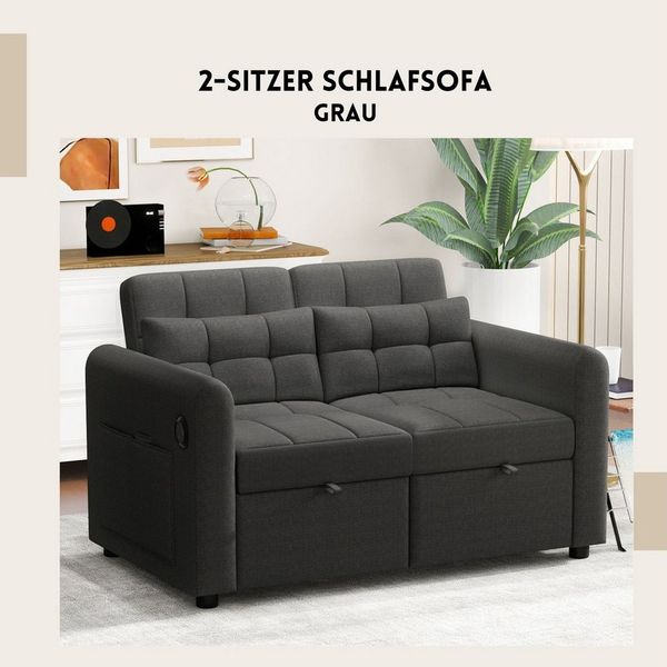 SeedWave Schlafsofa 2-Sitzer,3-fach verstellbarer Rückenlehne 120°/160°/180°,USB-Anschluss, Baumwoll-Leinenbezug, Kissen & Seitentaschen, modernes Design
