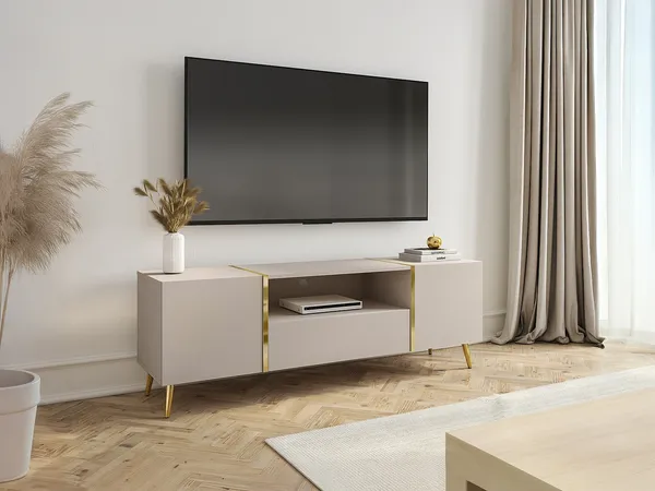 Vente-unique - MARZIALO TV unit Holz, Platte BeigeGold - B 41 cm x H 51,8 cm x L 158 cm