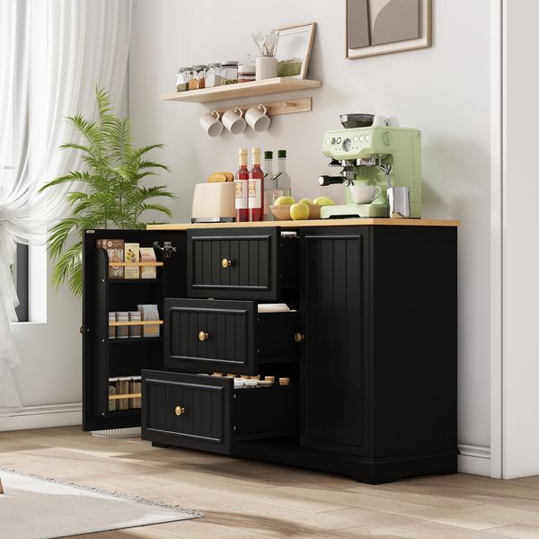 Modernes, elegantes Sideboard mit 3 Schubladen und kühlschrankähnlichen Türen, Buffetschrank für Esszimmer, Wohnzimmer und Diele (Schwarz)