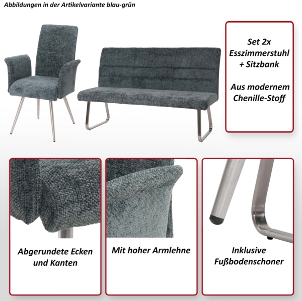 Esszimmer-Set HWC-G55, 2er-Set Stuhl mit Armlehne+Sitzbank 160cm, Edelstahl gebürstet Stoff/Textil Chenille ~ blau-grün Bild 2