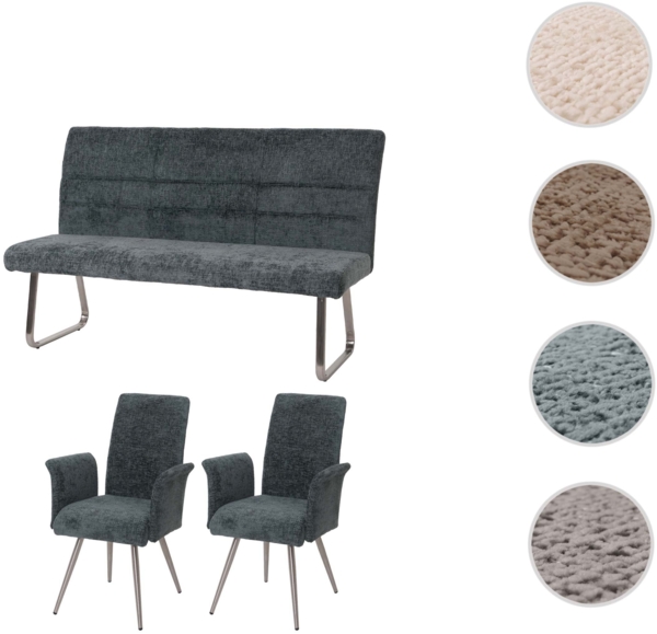 Esszimmer-Set HWC-G55, 2er-Set Stuhl mit Armlehne+Sitzbank 160cm, Edelstahl gebürstet Stoff/Textil Chenille ~ blau-grün Bild 9