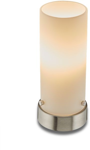 KHG Tischlampe Zylinderlampe, Lampenschirm aus Glas satiniert, Nachttischlampe mit hochwertigem Metallfuß, E14 Fassung ohne Leuchtmittel, Lampe mit Kippschalter, moderne Tischleuchte