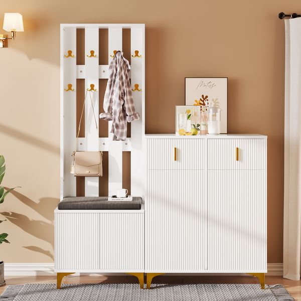 Kommode 60,5 x 35,2 x 180,5 cm + 83 x 35 x 101 cm mit Schuhschrank, Garderobe und goldfarbenen Haken